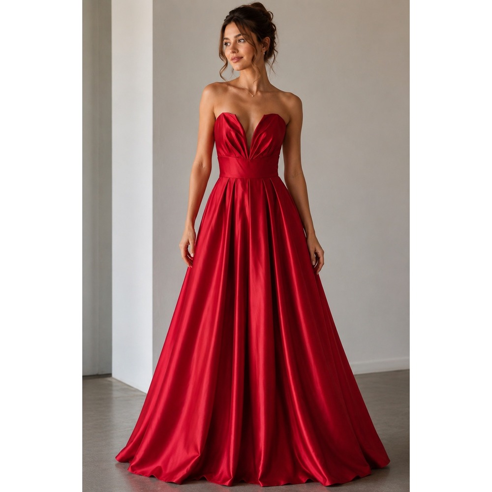 Betsy & Adam Red Satin Strapless Plunging V-Neck Ball Gown Dress Size 8 Formal